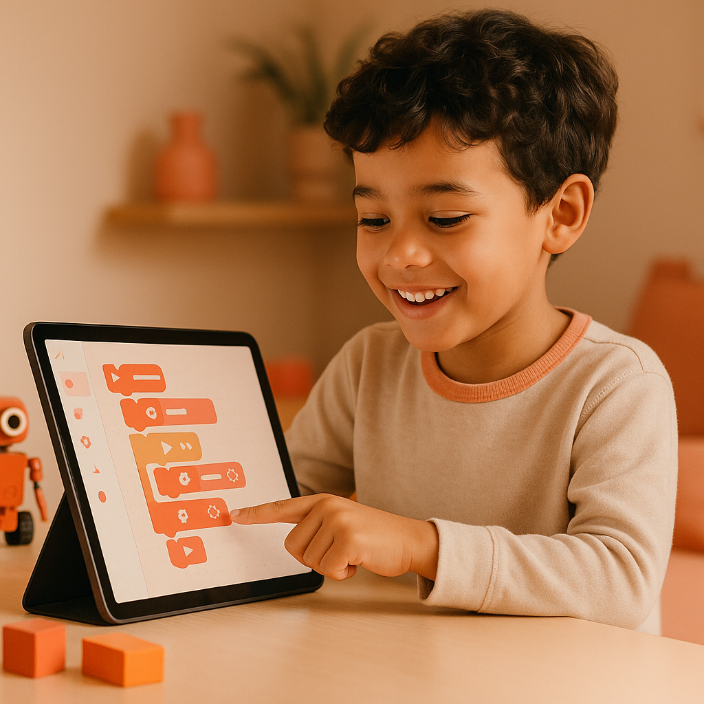 A child smiling while using a tablet with colorful coding blocks on the screen, warm lighting, soft orange and cream tones fr