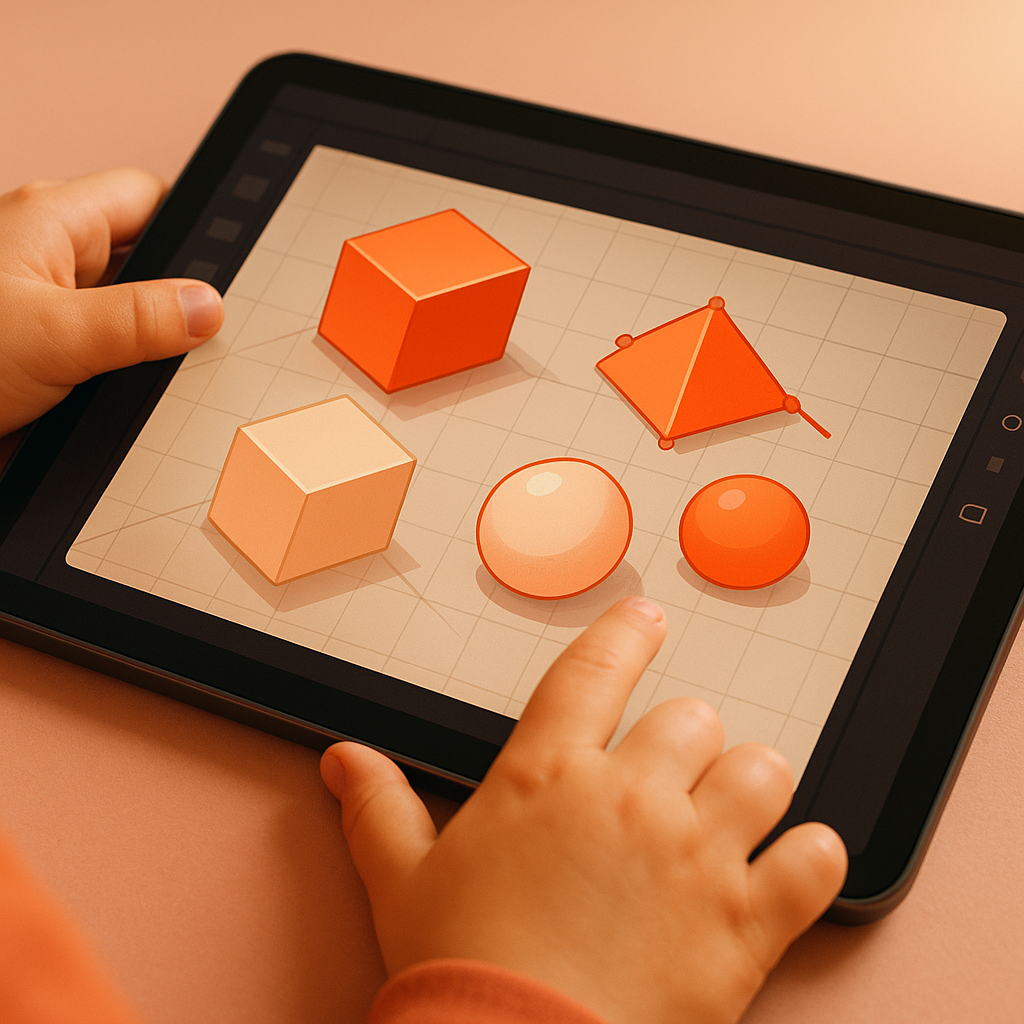 A close-up of a child's hands using a tablet with a 3D design interface, featuring geometric shapes in orange and cream tones
