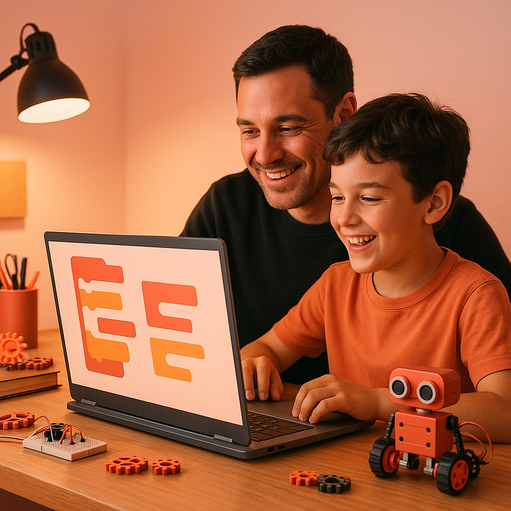 A parent and child sitting together at a desk, both smiling at a laptop screen showing colorful code blocks, warm lighting wi